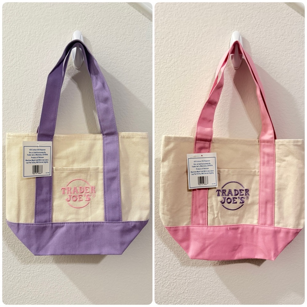 Trader Joes 2pc Mini Canvas Embroidered Logo Tote in Purple and Pink